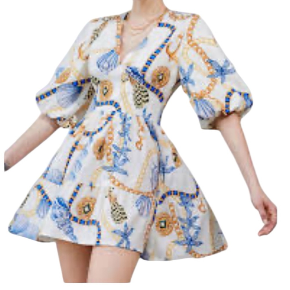 Coin Chain Shell V-Neck Waist Pleated Lantern Sleeve Versatile Dress